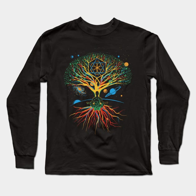 Sacred Geometry Meditation Tree Design Long Sleeve T-Shirt by UNDERGROUNDROOTS